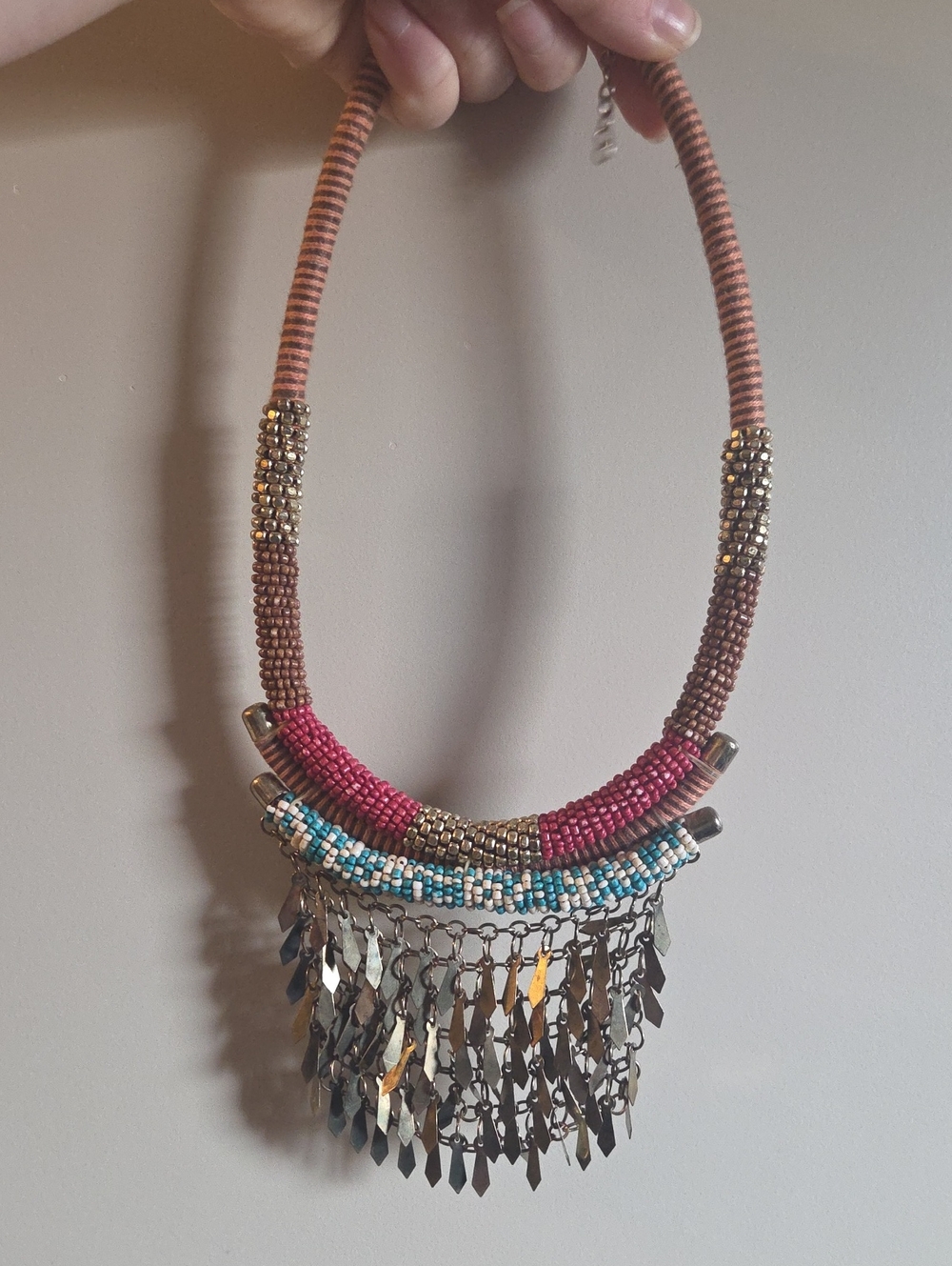 Bohemian Beaded Fringe Necklace in Pink, Turquoise & Gold - Unbranded